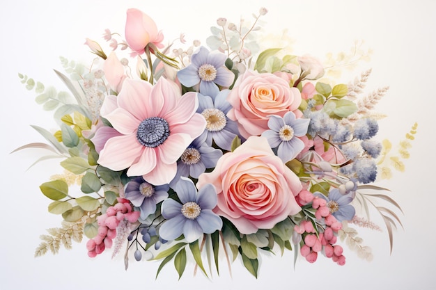 Blumen-Pastel-Wachfarben-Stil Hochzeitsbouquet Isolierte und bearbeitbare weiche Farben Blumen und Blätter