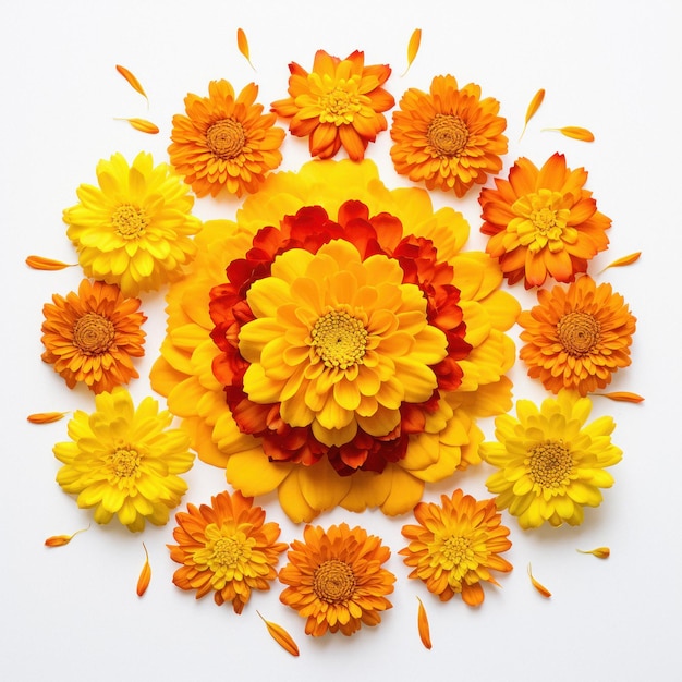 Blumen-Rangoli für das Diwali-Festival, hergestellt mit Marigold- oder Zendu-Blumen