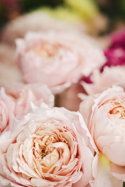 Blumen-Rosen-Bouquet auf der Vitrine im Shop. Schaufenster mit Blumenstrauß und rosa Blumenzusammensetzung im Floristenladen vertikale Aufnahme aus nächster Nähe