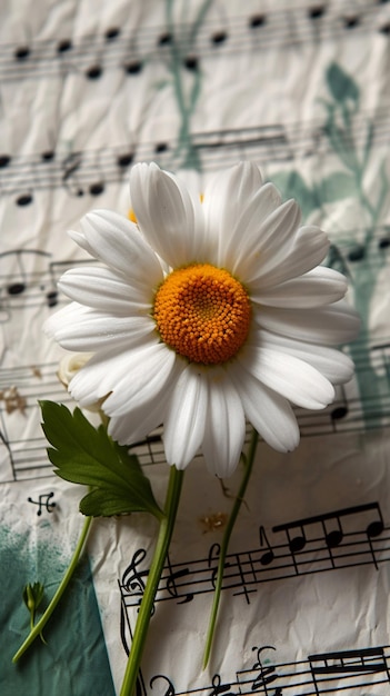 Blumen-Serenade Gänseblümchen umgeben von musikalischen Noten Blätter in künstlerischer Anordnung Vertical Mobile Wal