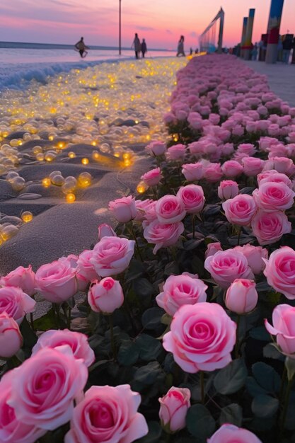 Blumen sind am Strand aufgereiht, Kerzen erhellen generative Luft