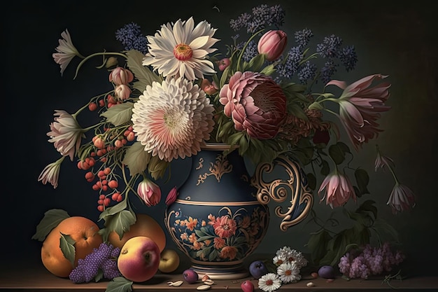 Blumen-Stillleben-Blumenstrauß in Vintage-Vase Alte niederländische Meister imitieren abstrakte generative KI-Illustration