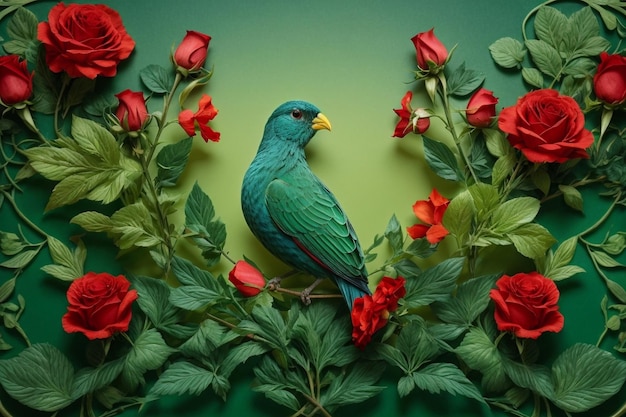 Blumen-Symphonie Generative KI Vogel und Rose Botanische Eleganz auf grüner Farbe