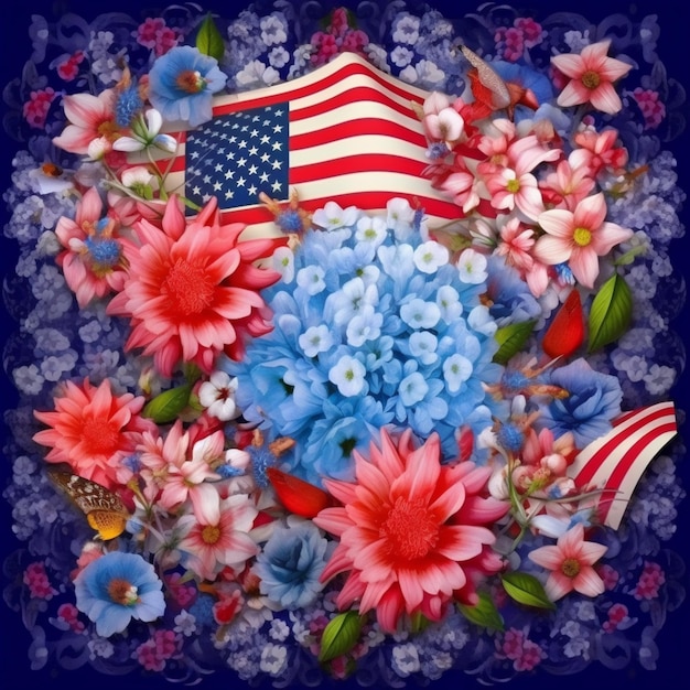 Blumen und eine amerikanische Flagge sind in einem Blumenarrangement angeordnet.