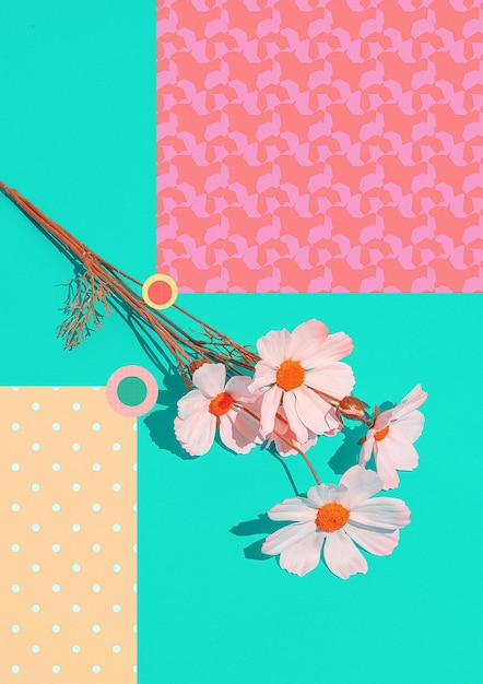 Blumen- und Geometriedesigntapete Minimale Collagenkunst. Frühling, Sommer, Grußkartenkonzept