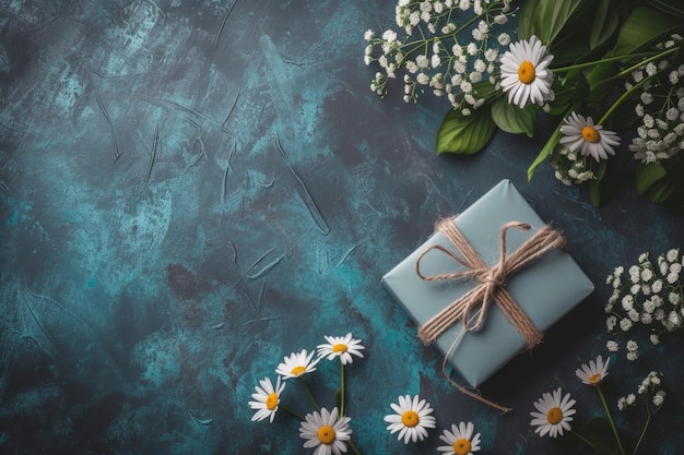 Blumen und Geschenkkiste auf Teal-Hintergrund