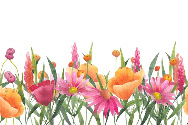 Blumen- und nahtloser Rand mit abstrakten Wildblumen, Pflanzen und zarten Zweigen, Aquarelldruck auf weißem Hintergrund für Textilien oder Tapeten, Illustration im Provence-Stil