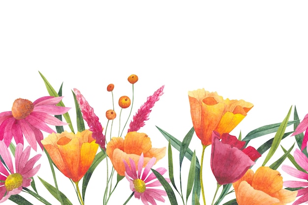 Blumen- und nahtloser Rand mit abstrakten Wildblumen, Pflanzen und zarten Zweigen, Aquarelldruck auf weißem Hintergrund für Textilien oder Tapeten, Illustration im Provence-Stil