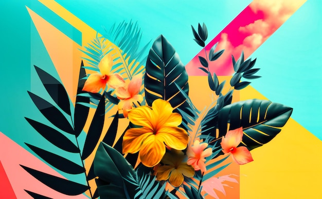 Blumen und Palmen auf einem hellen und farbenfrohen Hintergrund