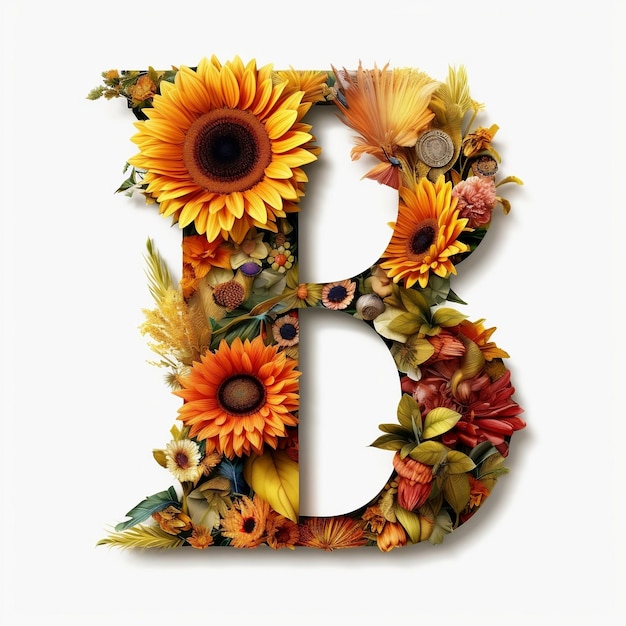 Blumen- und Sonnenblumenfarbener Illustrationsbuchstabe B Generative KI