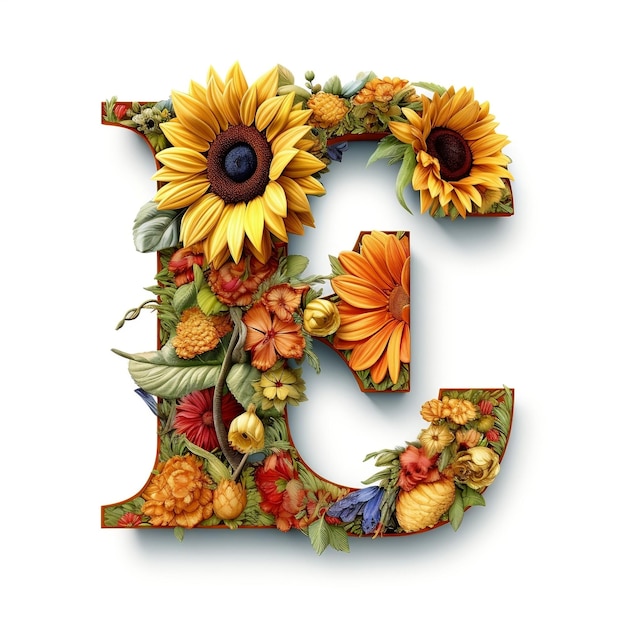 Blumen- und Sonnenblumenfarbener Illustrationsbuchstabe E Generative KI