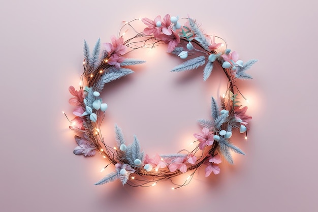 Blumen-Weihnachtskranz auf pastellfarbenem Hintergrund Blumen-trendiger minimalistischer Kranz mit Feenlichtern Design für Winterfeste Weihnachten Neujahrs-Bannerkarte mit Kopierplatz