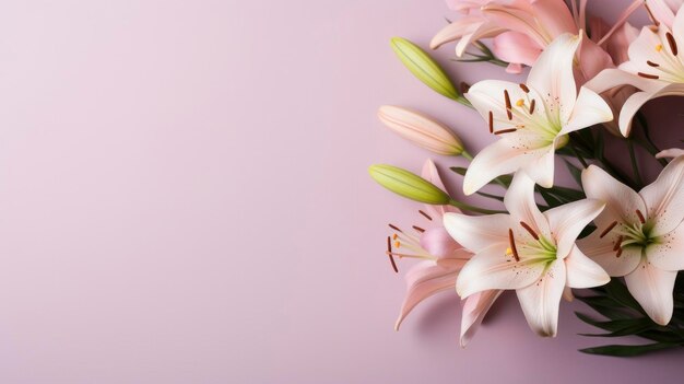 Foto blumen weiße pastellfarbene lilien zusammensetzung auf einem rosa pulverartigen hintergrund kopierraum vorlage