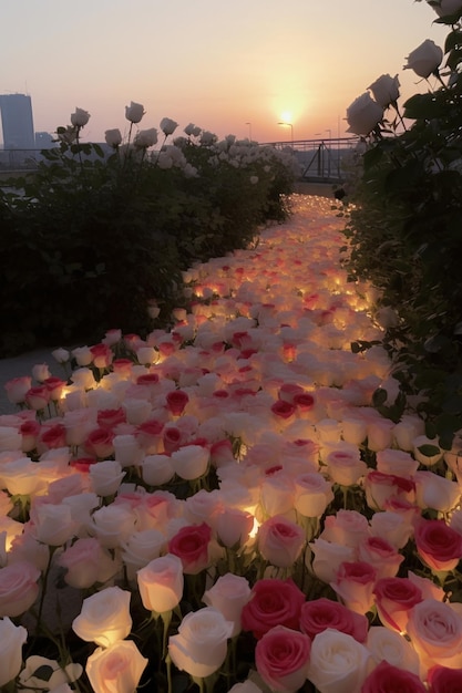 Blumen werden am Abend beleuchtet, wenn die Sonne generativ ai untergeht