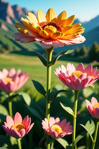 Blumen, Wiesen, Hügel, Wälder, Tapetenillustrationen, wunderschöne Landschaft im Hintergrund