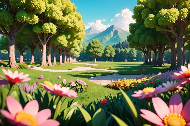 Blumen, Wiesen, Hügel, Wälder, Tapetenillustrationen, wunderschöne Landschaft im Hintergrund