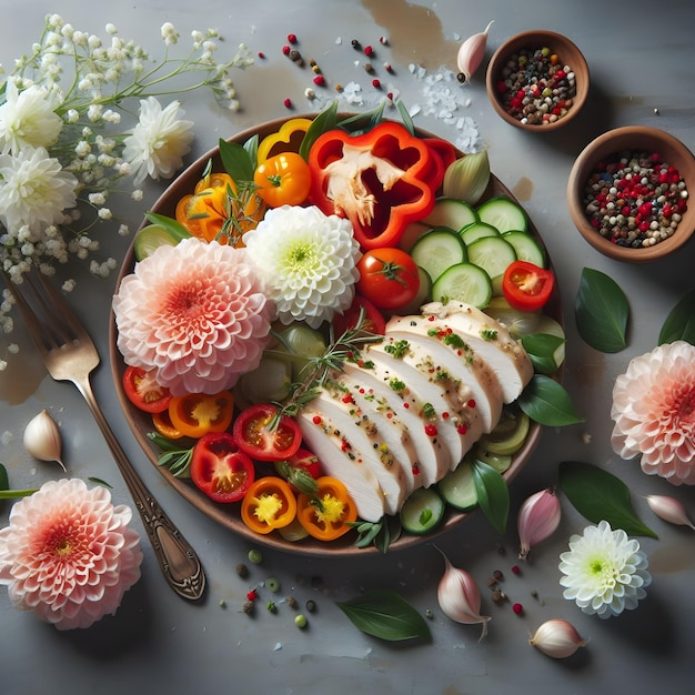 Blumen zusammen mit geschnittenen Hühnerstücken gekocht gesalzen mit Gemüse auf dem grauen Schreibtisch