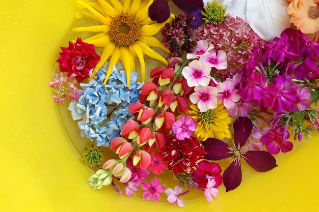 Foto blumenarrangement aus einer vielzahl von blumen auf gelbem grund.