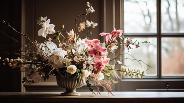 Blumenarrangement mit botanischen Pflanzen und Blumen im Winter, Herbst oder Frühjahr