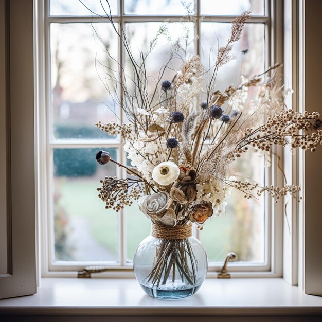 Blumenarrangement mit botanischen Pflanzen und Blumen im Winter, Herbst oder Frühjahr