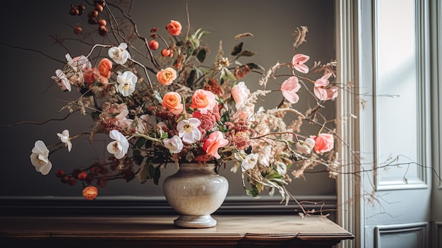 Blumenarrangement mit botanischen Pflanzen und Blumen im Winter, Herbst oder Frühjahr