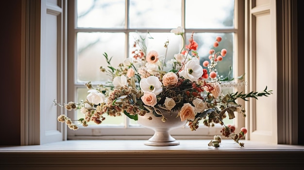 Blumenarrangement mit botanischen Pflanzen und Blumen im Winter, Herbst oder Frühjahr