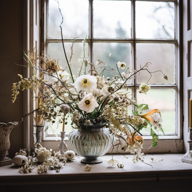 Blumenarrangement mit botanischen Pflanzen und Blumen im Winter, Herbst oder Frühjahr