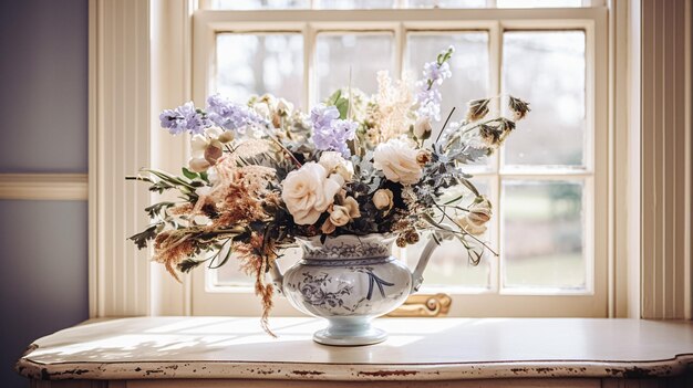 Blumenarrangement mit botanischen Pflanzen und Blumen im Winter, Herbst oder Frühjahr