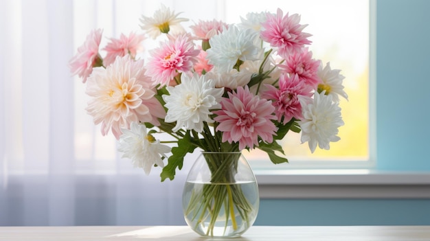 Blumenarrangement mit Farbverlauf in einer Vase aus klarem Glas