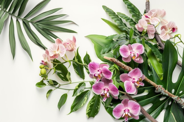 Blumenarrangement mit tropischen Blättern und Orchideen Tropisches Blumendekor auf Baumzweigen