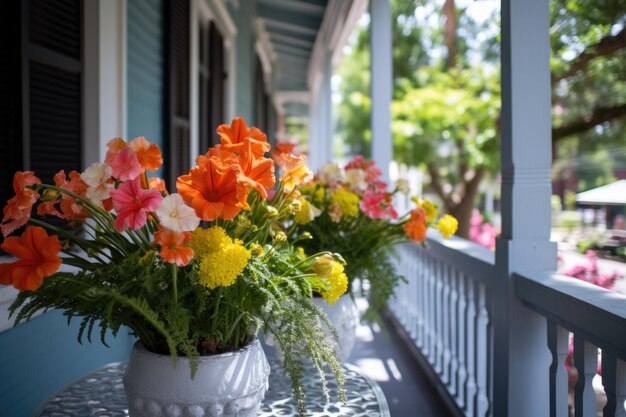 Blumenarrangements auf der Veranda eines holländischen Kolonialhauses