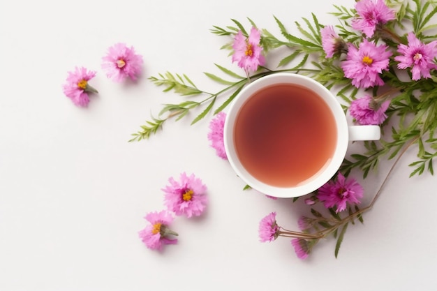 Blumenbanner und eine Tasse leckerem Tee