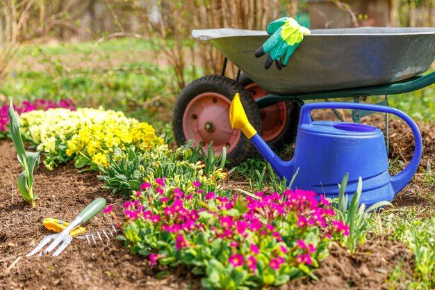 Blumenbeet und Gärtnerausstattung Schubkarre Gartenwagen, Gießkanne, Gartenrechen im Garten