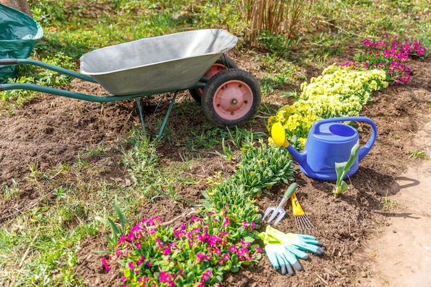 Blumenbeet und Gärtnerausstattung Schubkarre Gartenwagen, Gießkanne, Gartenrechen im Garten