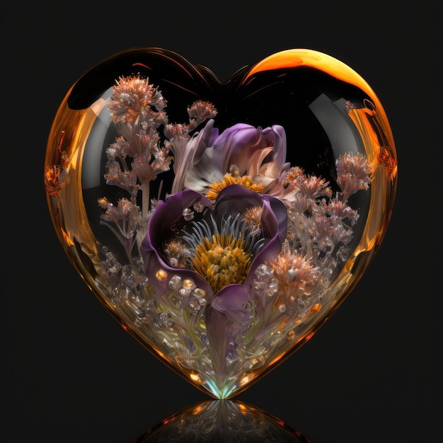Blumenblumen in einem 3D-Herz-Diamant-Kristallglas mit orangen und violetten Farben, erstellt mit AI-Gen