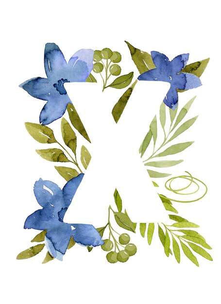 Blumenbuchstabe x monogramm blaue aquarellblumen grüne blätter und beeren blumenbeschriftung