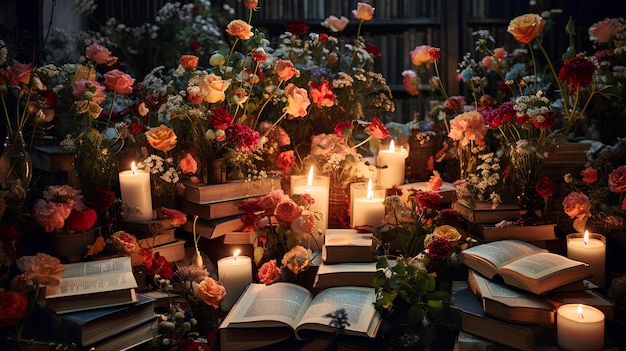 Blumenbücher viele Bücher aufeinander mit Blumen Foto Blumebücher Bücher mit Blumen und Kerzen