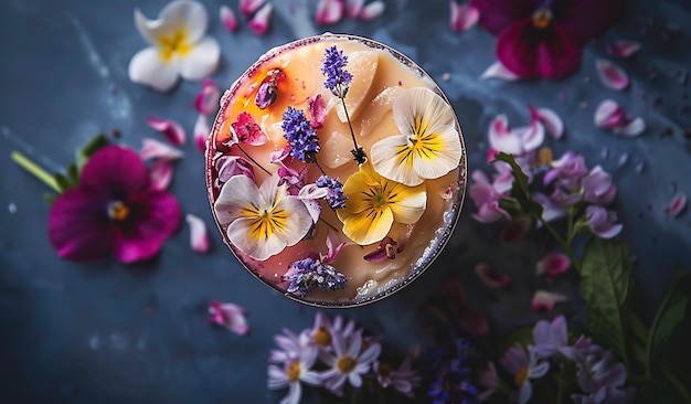 Blumencocktail, garniert mit essbaren Blumen auf dunklem Hintergrund