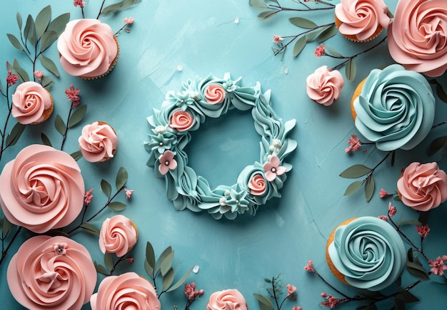 Blumencupcake und Rosenkreis auf türkisfarbenem HintergrundxA