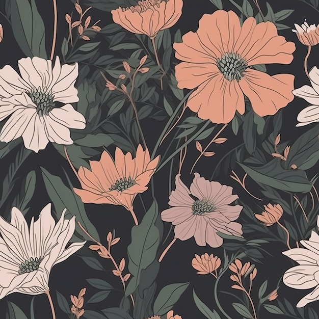 Blumendruck mit botanischen Blumen als nahtloses Muster für Textildesign oder Hintergrund-KI-Generierung