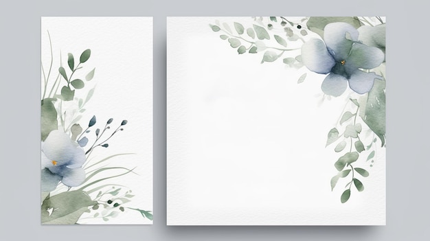 Foto blumeneinladungskarte für die hochzeit, save-the-date-design mit blumen und grünem blatt. aquarell-hintergrund auf weißem ai-generativ