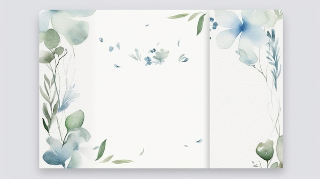 Blumeneinladungskarte für die Hochzeit, Save-the-Date-Design mit Blumen und grünem Blatt. Aquarell-Hintergrund auf weißem AI-Generativ