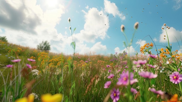 Blumenfeld Natur Schönheit Gänseblümchen Geschenk Blumenbeet Garten Vase Bienen Leben Tulpenpflanzen Blütenblätter Pollen Urlaubsknospen Biene Erzeugt von KI