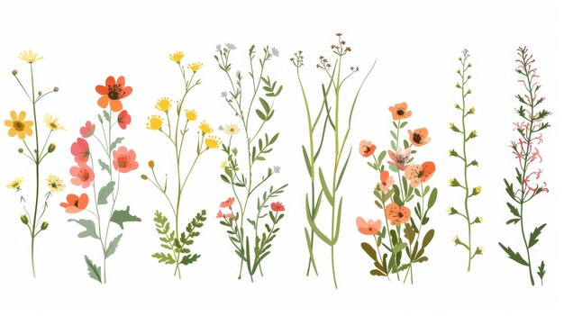 Blumenfeldpflanze Wildblumen Frühlingsblumenkräuter Blühende Sommerstämme Skizze auf weißem Hintergrund flache moderne Illustration der Wiesenflora