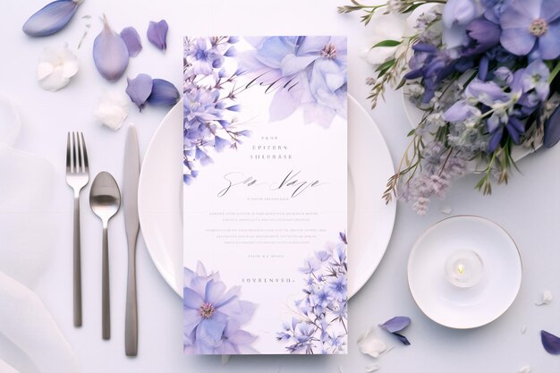 Blumenfest Lilac und Periwinkle Hochzeitsmenü Delikatessen