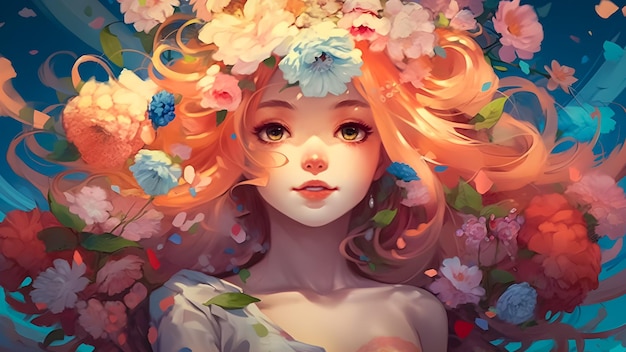 Blumenhaar Blumenkopf Blumen auf Haar Anime Mädchen Anime Frau große blaue Augen