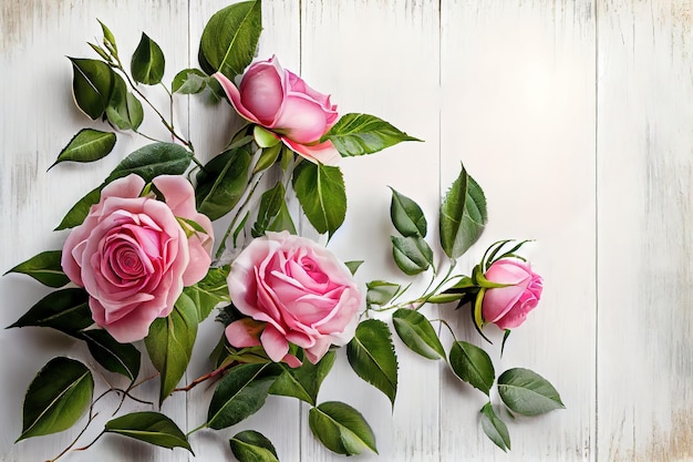 Foto blumenhintergrund blumenstrauß aus schönen rosa rosen auf weißem holzhintergrund generative ai