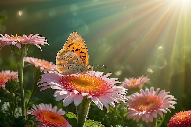 Blumenhintergrund Gerbery in den Lichtstrahlen und Schmetterling