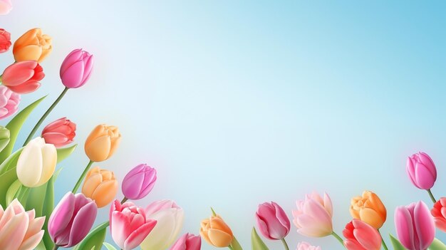 Blumenhintergrund mit Kopierraum mit weichen Tulpen gegen den blauen Himmel