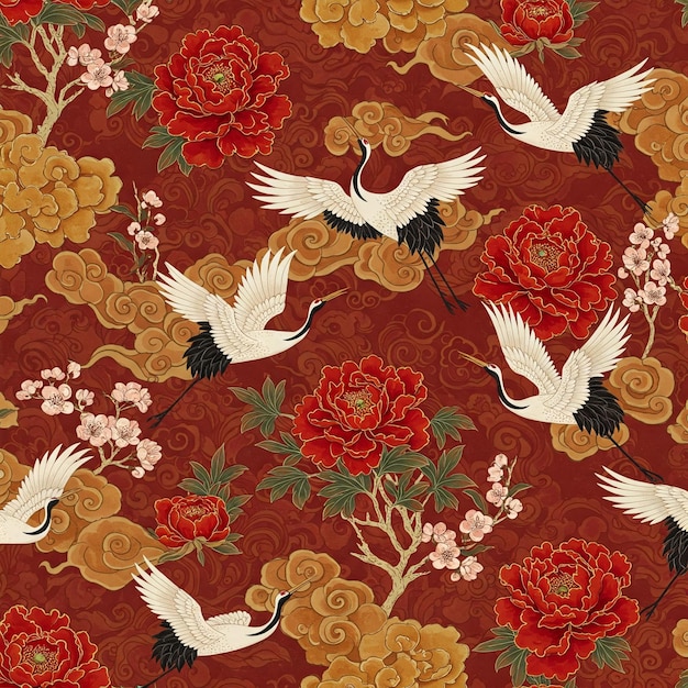 Blumenillustration des chinesischen Kranes und der Pfeonie